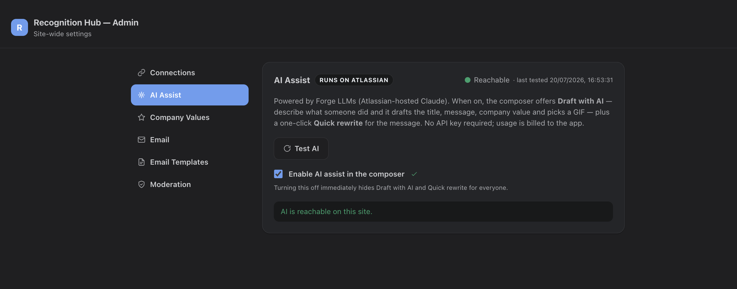 The AI Assist admin tab with the enable toggle, Test AI button, and availability status